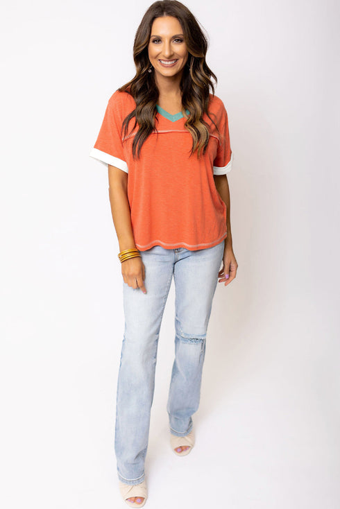 Contrast Trim Exposed Seam Short Sleeve V Neck Top