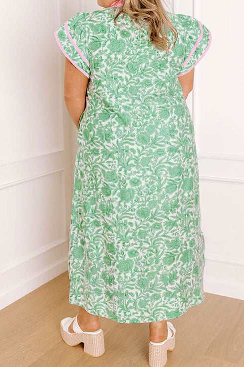 Contrast Trim Flutter Sleeve Floral Kaftan Maxi Dress