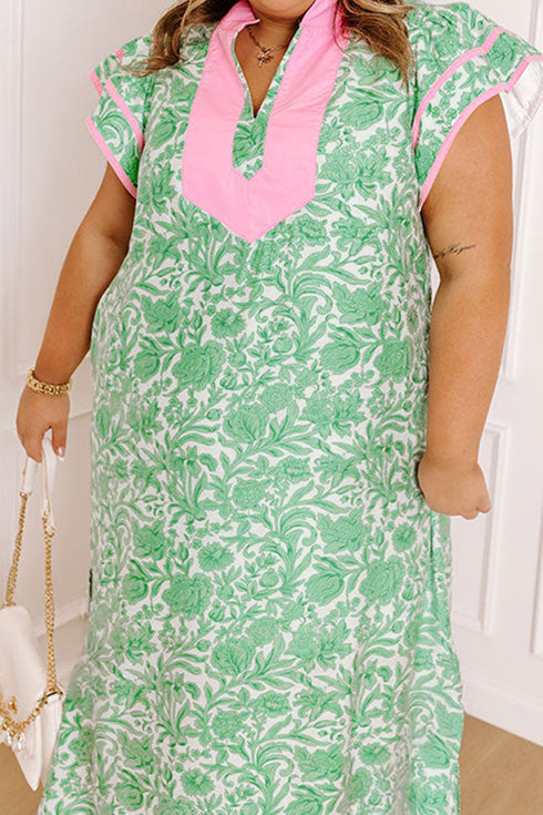 Contrast Trim Flutter Sleeve Floral Kaftan Maxi Dress