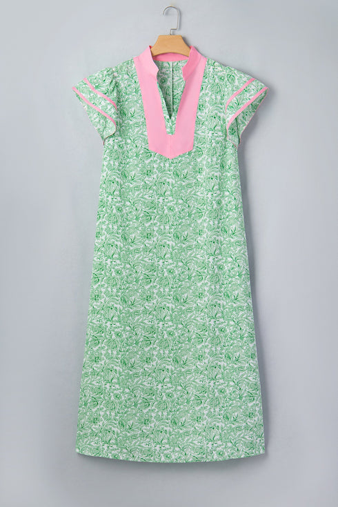 Contrast Trim Flutter Sleeve Floral Kaftan Maxi Dress
