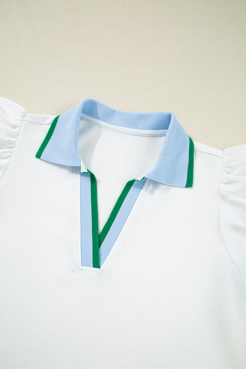 Contrast Trim Flutter Sleeve V Neck Polo Top