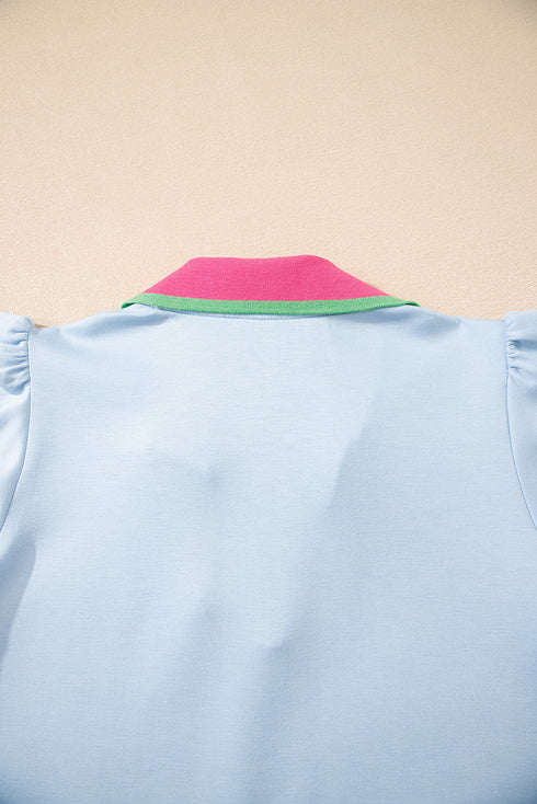Contrast Trim Flutter Sleeve V Neck Polo Top