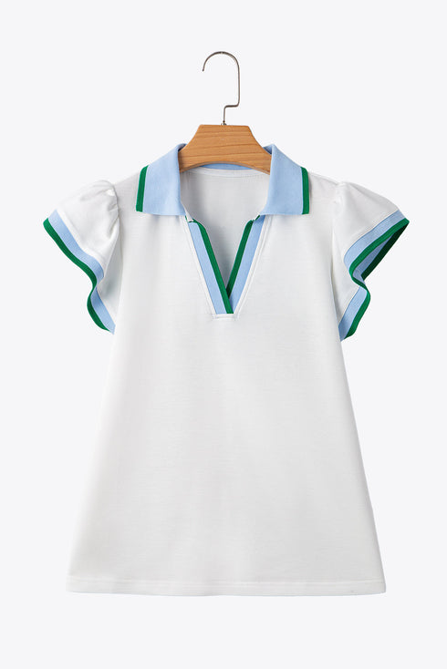 Contrast Trim Flutter Sleeve V Neck Polo Top
