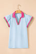 Contrast Trim Flutter Sleeve V Neck Polo Top