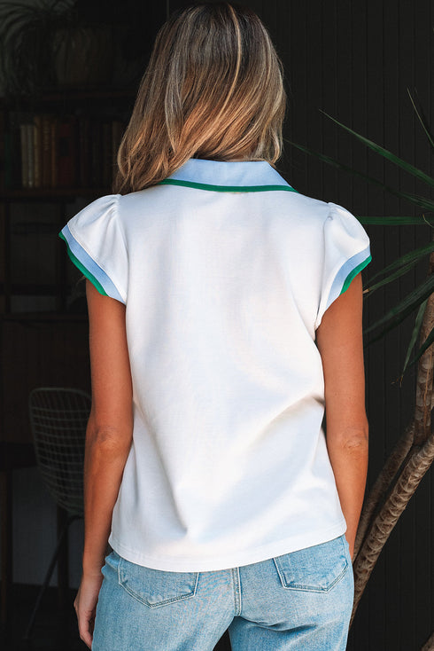 Contrast Trim Flutter Sleeve V Neck Polo Top