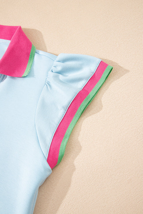 Contrast Trim Flutter Sleeve V Neck Polo Top