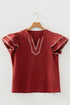 Contrast Trim Flutter Sleeve V Neck Relaxed Fit Blouse
