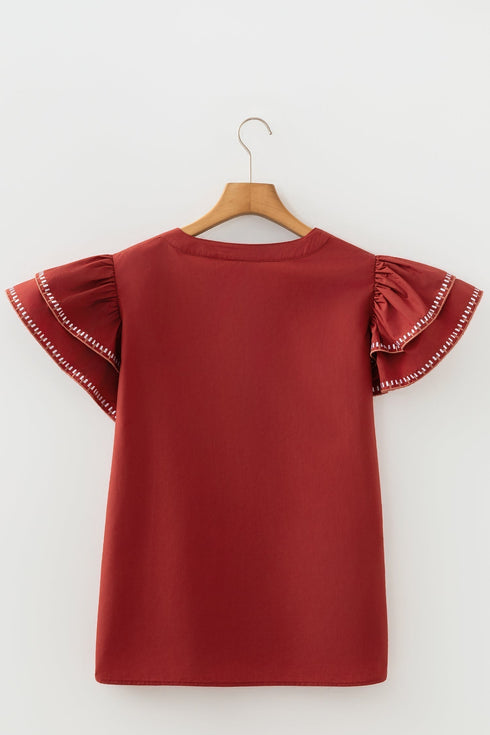 Contrast Trim Flutter Sleeve V Neck Relaxed Fit Blouse