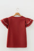 Contrast Trim Flutter Sleeve V Neck Relaxed Fit Blouse