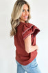 Contrast Trim Flutter Sleeve V Neck Relaxed Fit Blouse