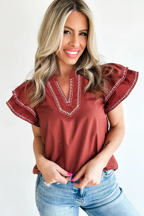 Contrast Trim Flutter Sleeve V Neck Relaxed Fit Blouse