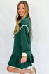 Contrast Trim Half Zip Mock Neck Ruffle Hem Drop Shoulder Sweatshirt Mini Dress