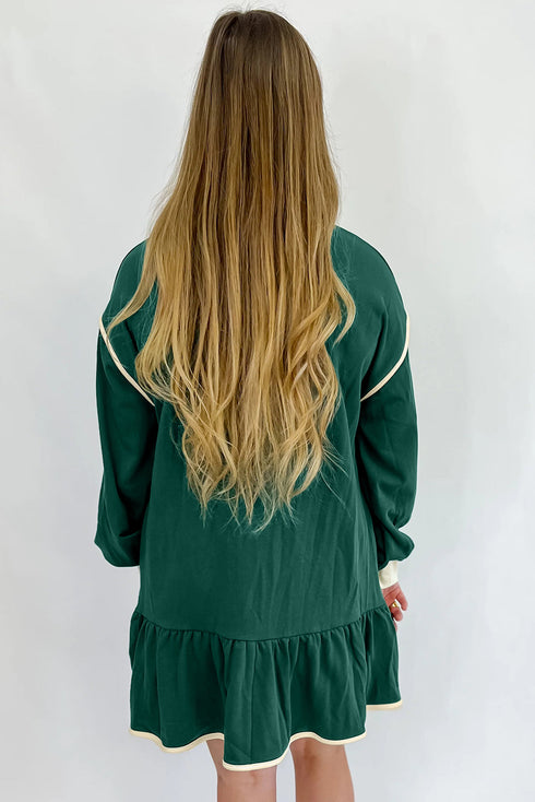 Contrast Trim Half Zip Mock Neck Ruffle Hem Drop Shoulder Sweatshirt Mini Dress