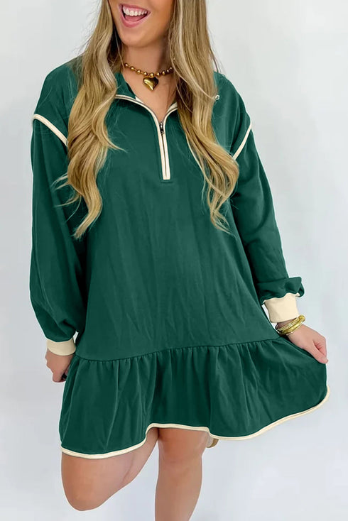 Contrast Trim Half Zip Mock Neck Ruffle Hem Drop Shoulder Sweatshirt Mini Dress