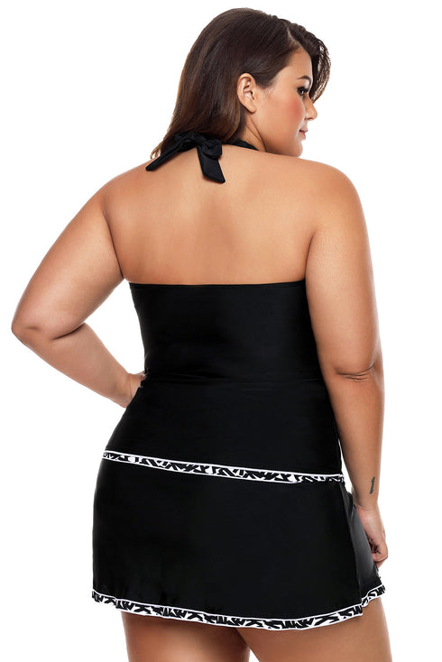 Contrast Trim Halter Tankini Skort Swimsuit