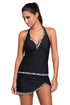 Contrast Trim Halter Tankini Skort Swimsuit
