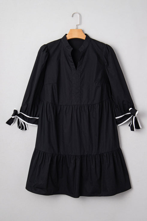 Contrast Trim Knot Cuff Cotton H Line Mini Dress