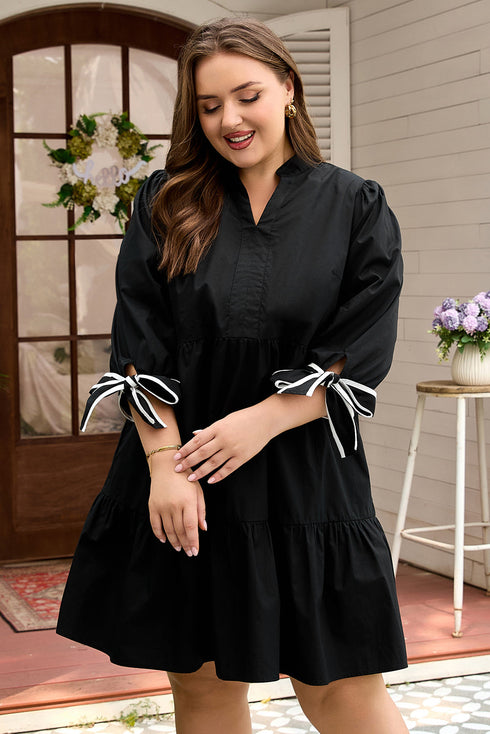 Contrast Trim Knot Cuff Cotton H Line Mini Dress
