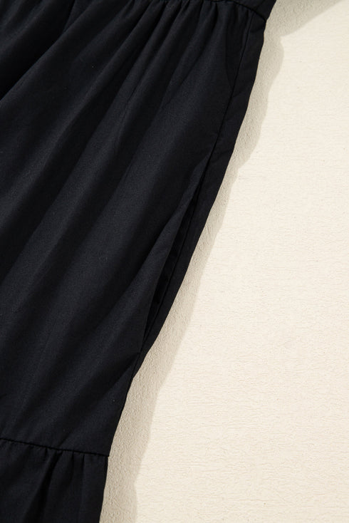 Contrast Trim Knot Cuff Split Neck Tiered Three Quarter Sleeve Mini Dress