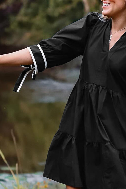 Contrast Trim Knot Cuff Split Neck Tiered Three Quarter Sleeve Mini Dress