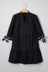 Contrast Trim Knot Cuff Split Neck Tiered Three Quarter Sleeve Mini Dress