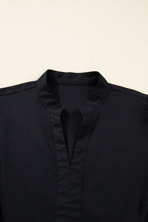 Contrast Trim Knot Cuff Split Neck Tiered Three Quarter Sleeve Mini Dress