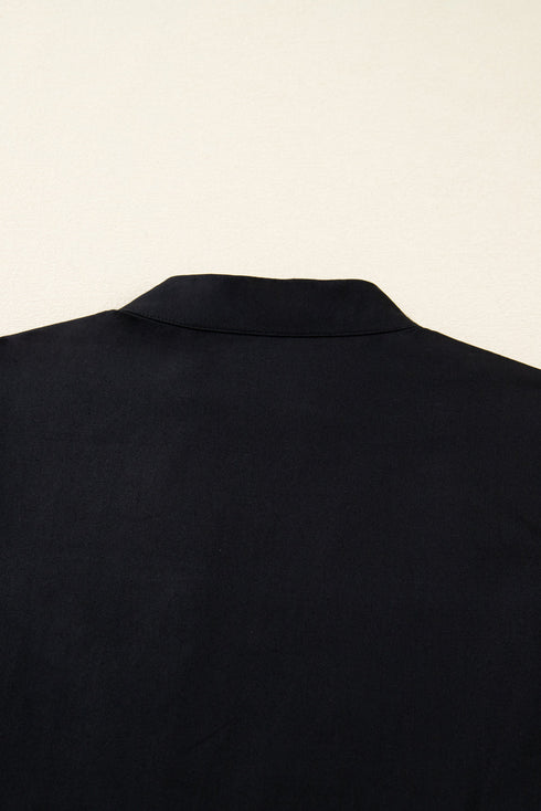 Contrast Trim Knot Cuff Split Neck Tiered Three Quarter Sleeve Mini Dress