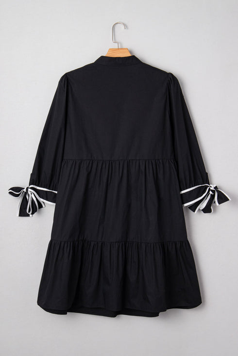 Contrast Trim Knot Cuff Split Neck Tiered Three Quarter Sleeve Mini Dress