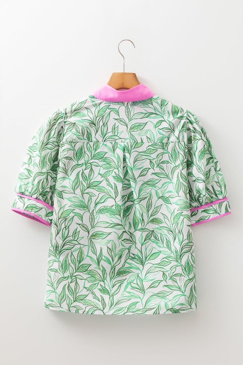 Contrast Trim Leaf Print Puff Sleeve Woven Blouse