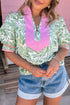 Contrast Trim Leaf Print Puff Sleeve Woven Blouse
