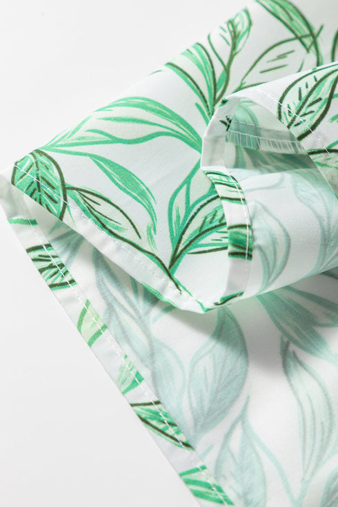 Contrast Trim Leaf Print Puff Sleeve Woven Blouse