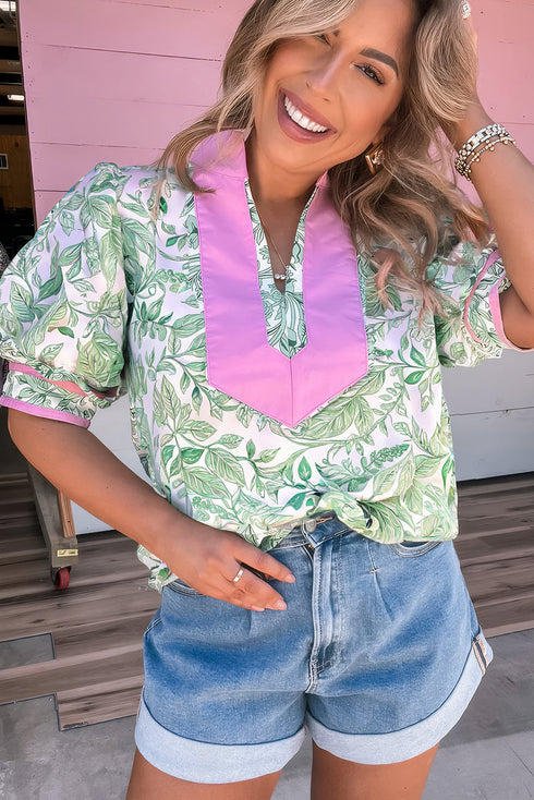 Contrast Trim Leaf Print Puff Sleeve Woven Blouse
