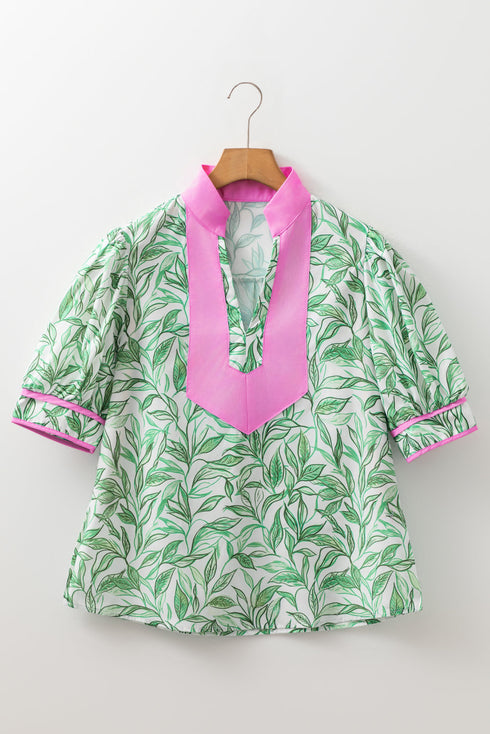 Contrast Trim Leaf Print Puff Sleeve Woven Blouse
