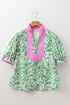 Contrast Trim Leaf Print Puff Sleeve Woven Blouse