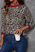 Contrast Trim Leopard Print Round Neck Long Sleeve Top
