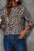Contrast Trim Leopard Print Round Neck Long Sleeve Top