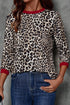 Contrast Trim Leopard Print Round Neck Long Sleeve Top