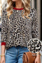 Contrast Trim Leopard Print Round Neck Long Sleeve Top
