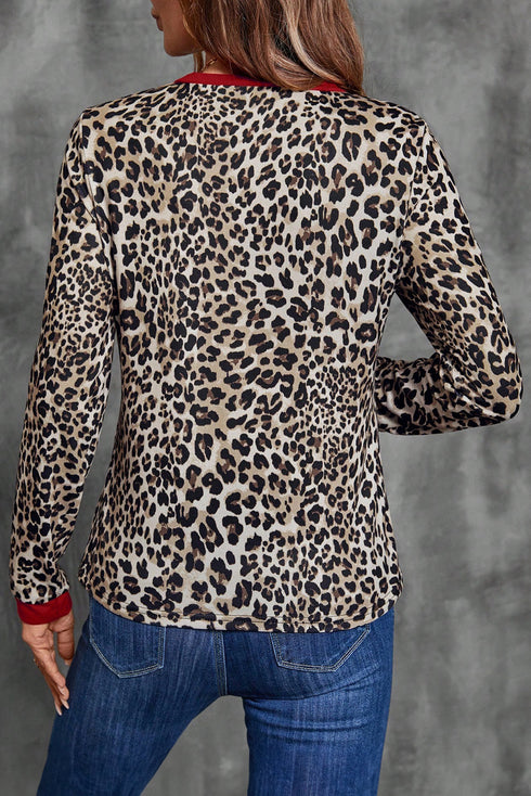 Contrast Trim Leopard Print Round Neck Long Sleeve Top