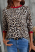 Contrast Trim Leopard Print Round Neck Long Sleeve Top