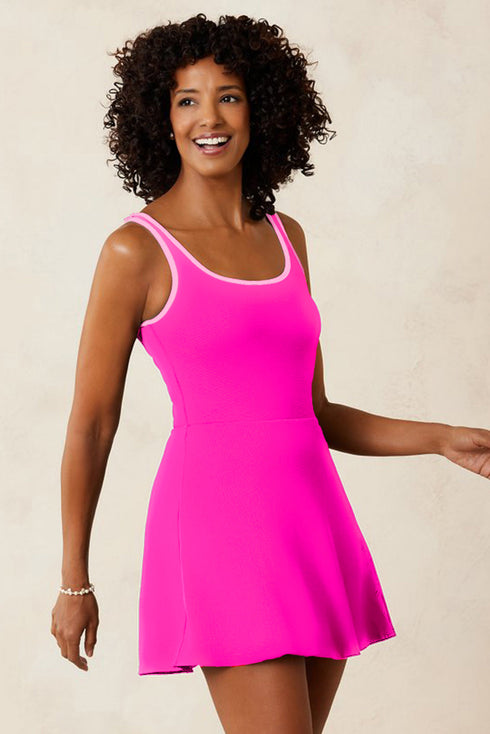 Contrast Trim Neckline Built In Shorts Active Swim Dress