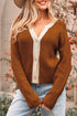 Contrast Trim Notched Neck Button Front Knit Cardigan