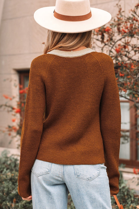 Contrast Trim Notched Neck Button Front Knit Cardigan