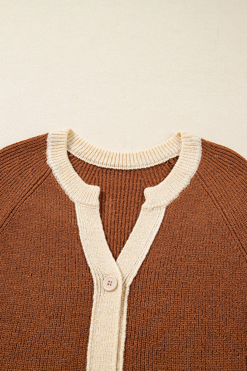 Contrast Trim Notched Neck Button Front Knit Cardigan