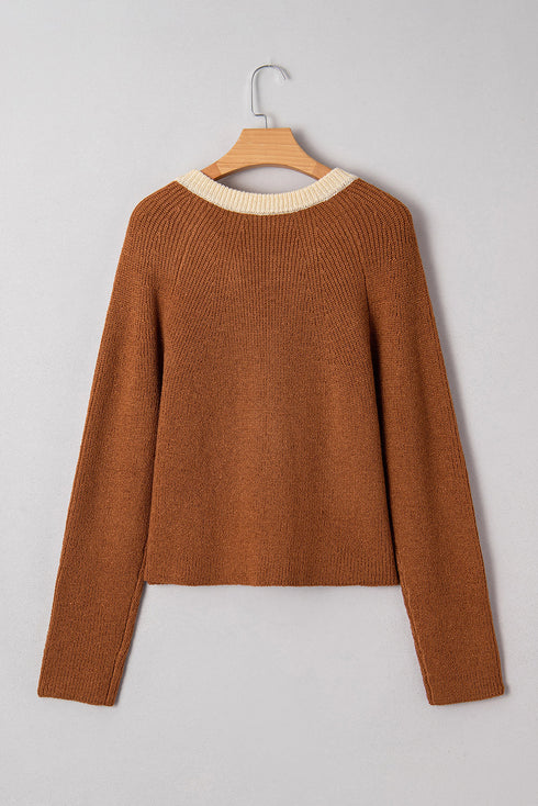 Contrast Trim Notched Neck Button Front Knit Cardigan