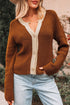 Contrast Trim Notched Neck Button Front Knit Cardigan