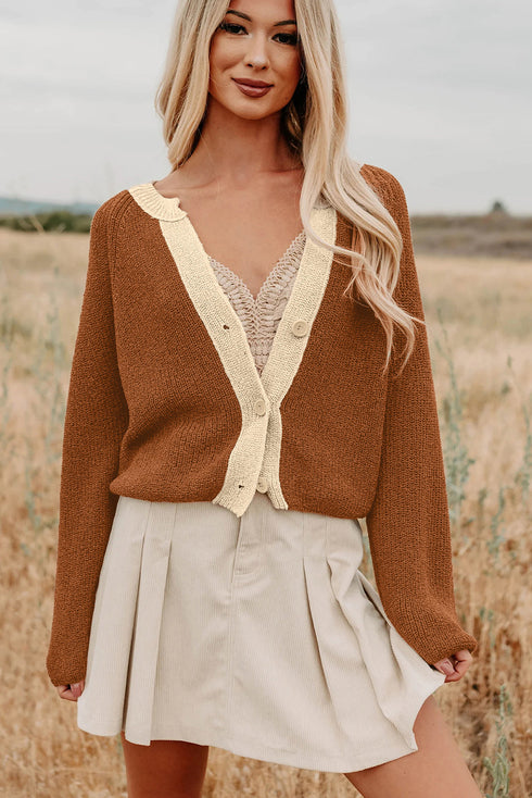 Contrast Trim Notched Neck Button Front Knit Cardigan