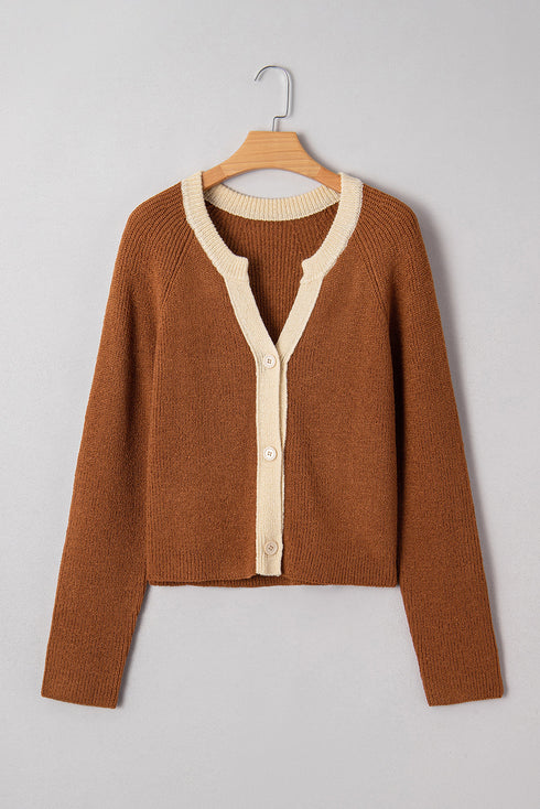 Contrast Trim Notched Neck Button Front Knit Cardigan