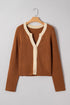 Contrast Trim Notched Neck Button Front Knit Cardigan