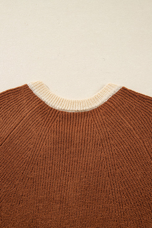 Contrast Trim Notched Neck Button Front Knit Cardigan